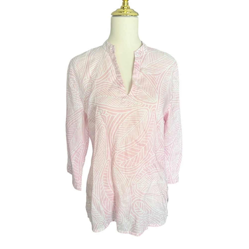 Island Company Mandarin Beach Tunic Pink White Leaf Print 100%ā Linen Womens M